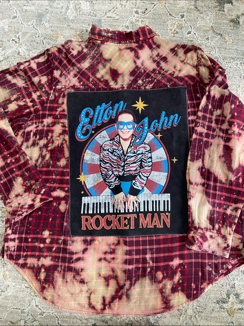 Hand Crafted Distressed Elton John Rocket-man Graphic and Flannel Shirt